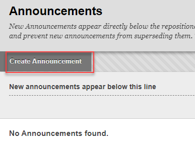 Announcements page with create announcement outlined in red