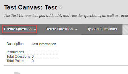 Test canvas with create questions outlined in red