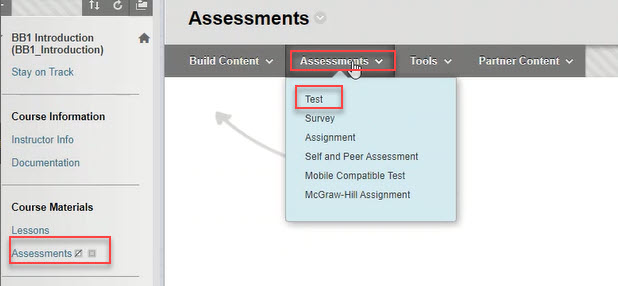 course menu with assessments, assignments and test outlined in red