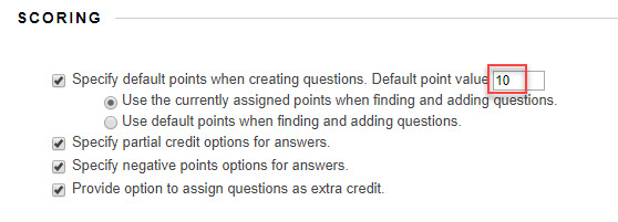 question settings with the points value outlined in red