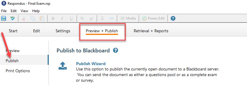 Arrow pointing to the publish link on the preview and publish tab in respondus.