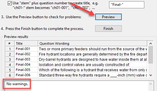 Arrows pointing to preview option to ensure that there are no errors with the impending question import.