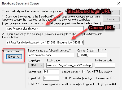 Extract button and information for blackboard login page and course page.