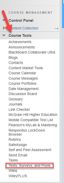 Course tools options with Test Surveys and Pools outlined in red