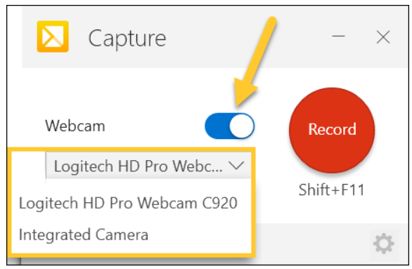 Webcam options highlighted on the Capture screen