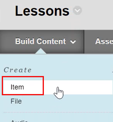 Create Item highlighted in the build content menu