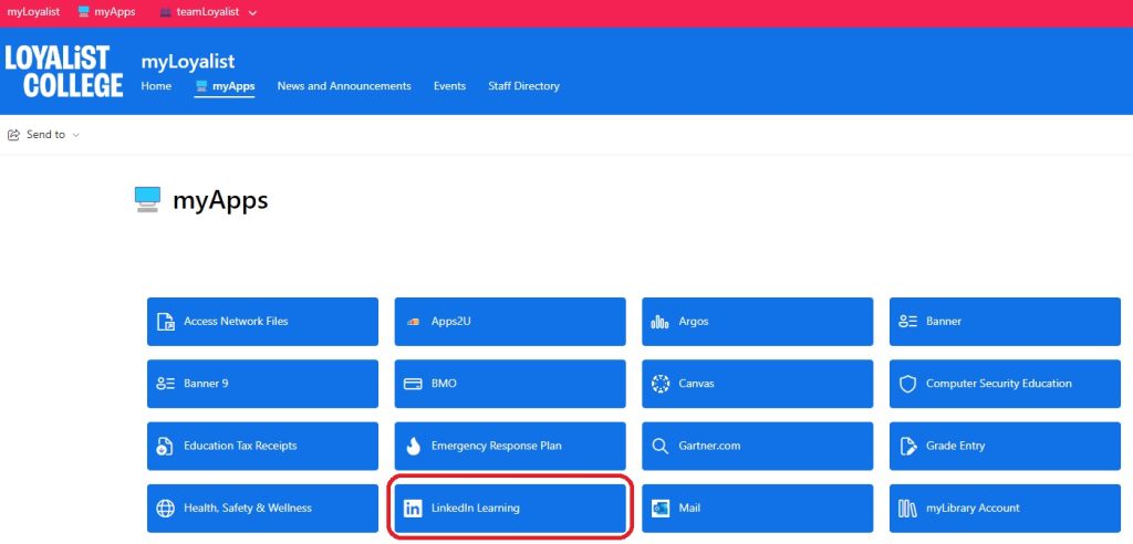 myLoyalist portal with the Linkedin Learning app circled in red.